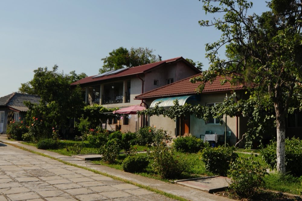 Vila văzută dinspre stradă, cu grădina și umbrela din curte